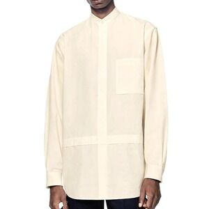 Jil Sander +J Uniqlo Band Collar Oversize Button Shirt Men M Beige Tan Cotton